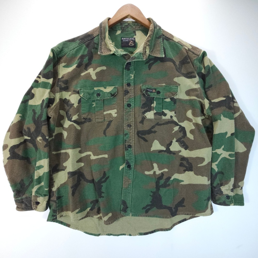 Vintage Rattlers Brand Flannel‎ Shirt Mens XL Green Camo Made in USA Streetwear